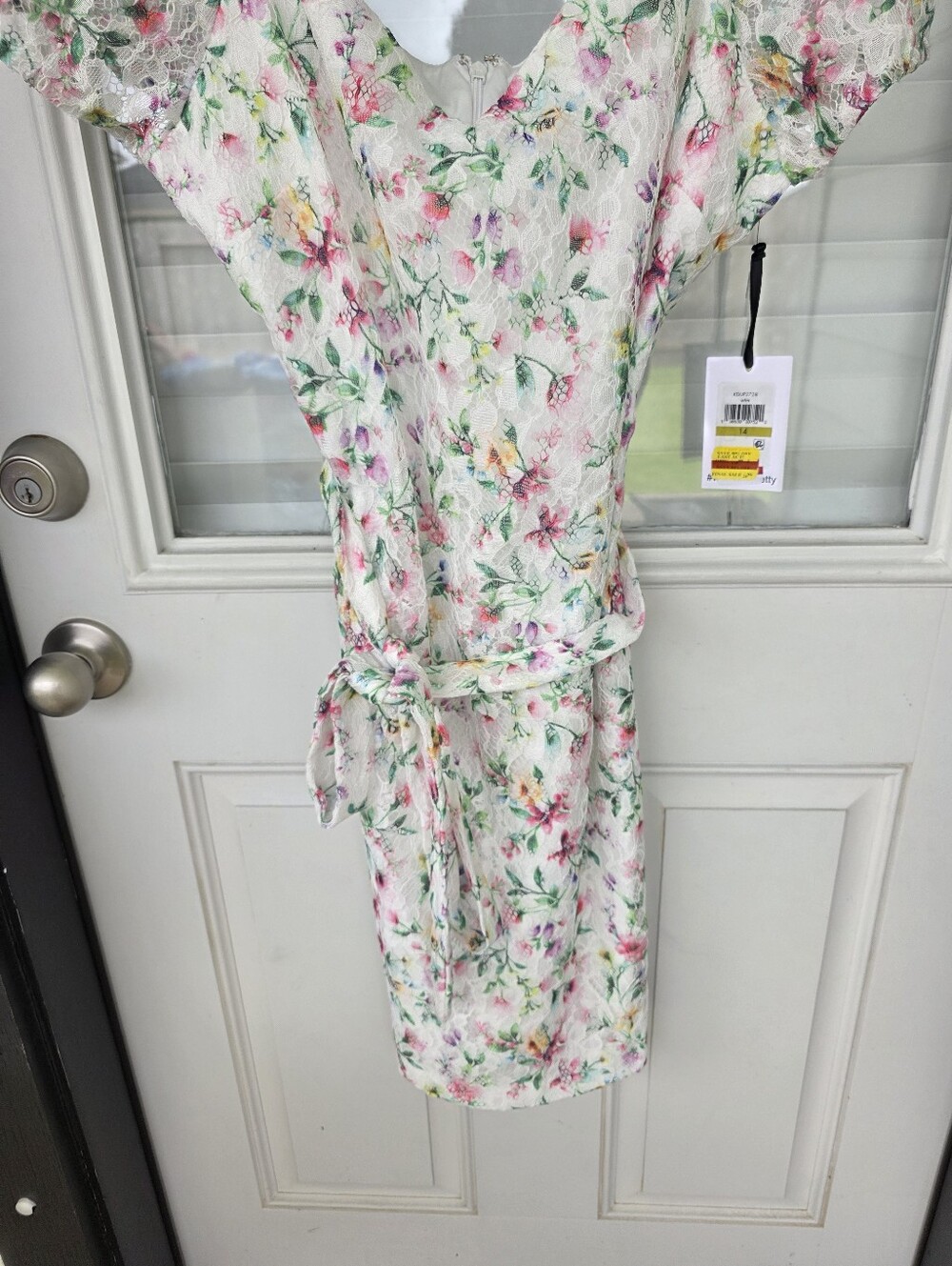 Kensie NWT Floral Lace Dress Size 14 Puff Sleeve Sweetheart Neck White Pink - Picture 5 of 9